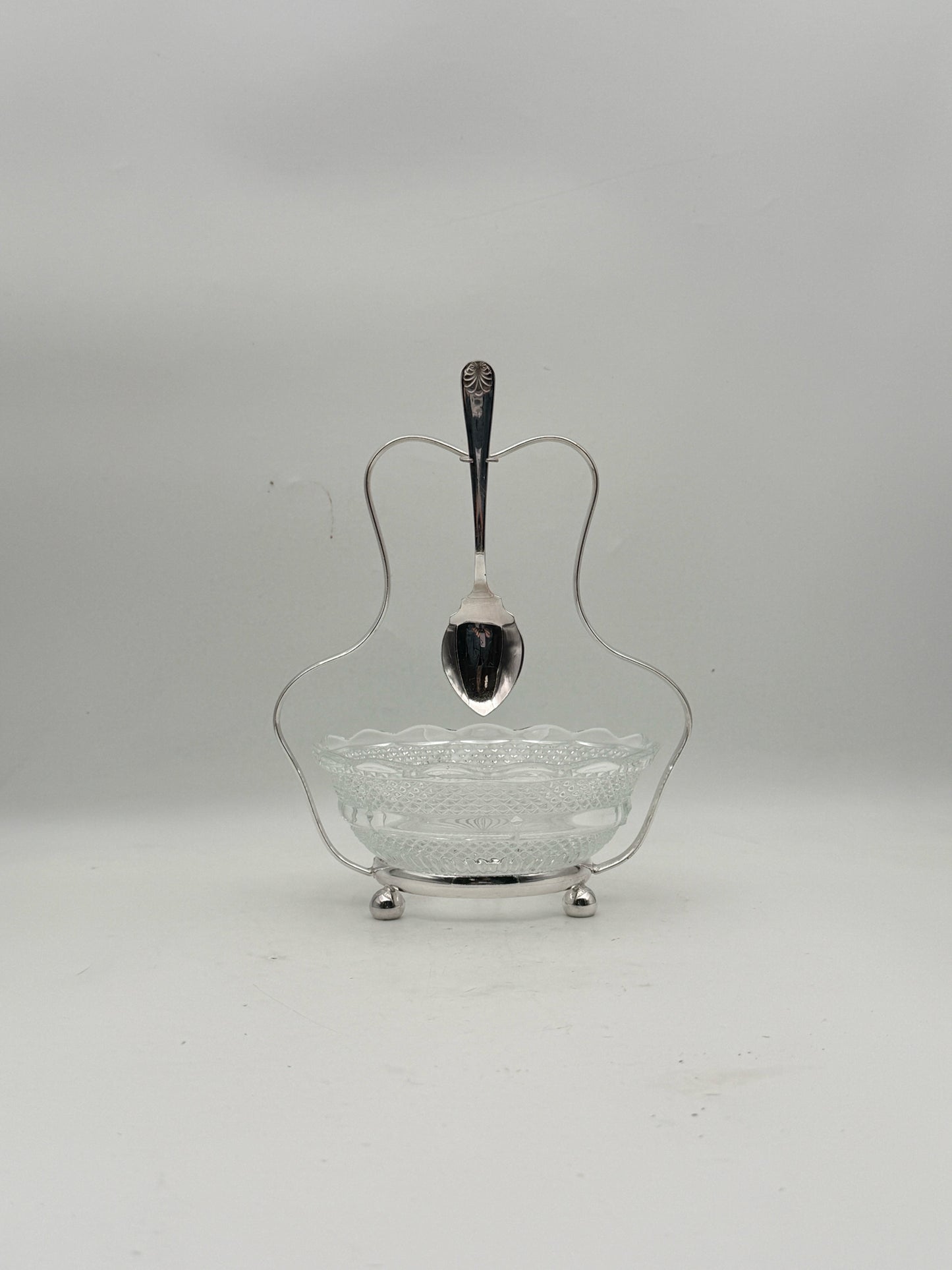 Silverplate And Crystal Condiment Server With Spoon
