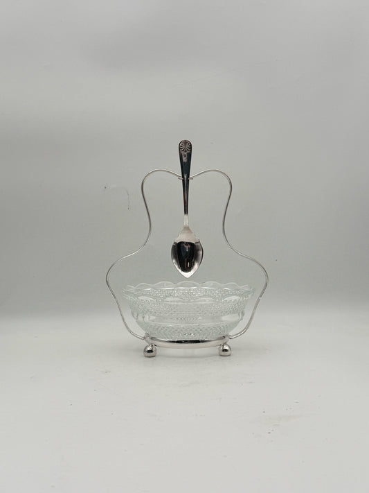 Silverplate And Crystal Condiment Server With Spoon