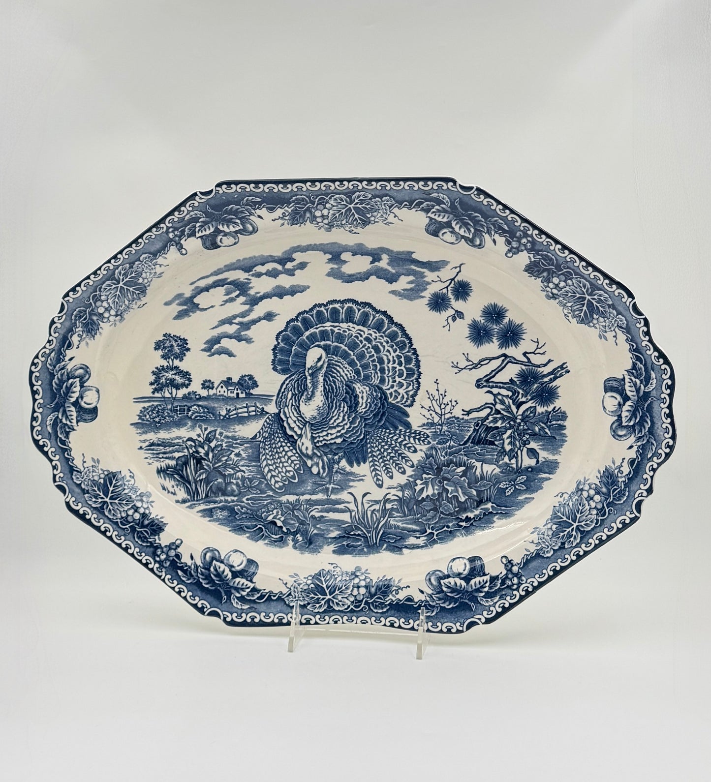 Blue & White Transferware Turkey Platter – Scalloped Edge with Floral & Fruit Border