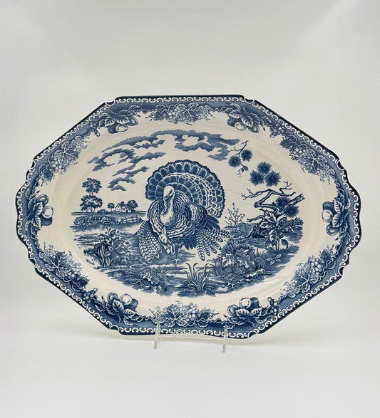 Blue & White Transferware Turkey Platter – Scalloped Edge with Floral & Fruit Border