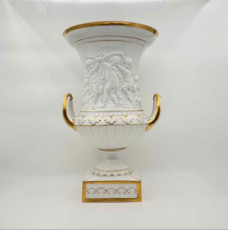 1950s Schierholz Porcelain Cupid Angel Urns White Gold Pair Figurines