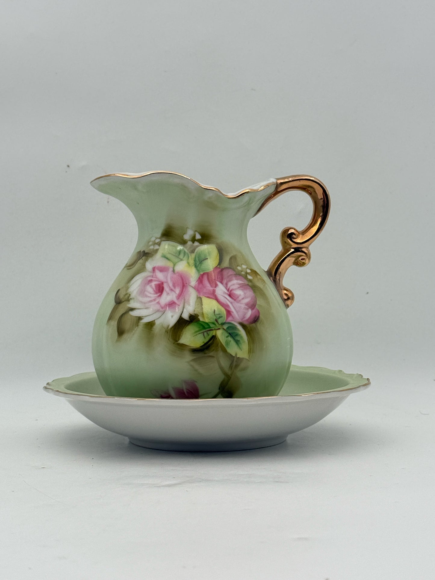 Handpainted Green Vanity Pitcher And Underplate Set