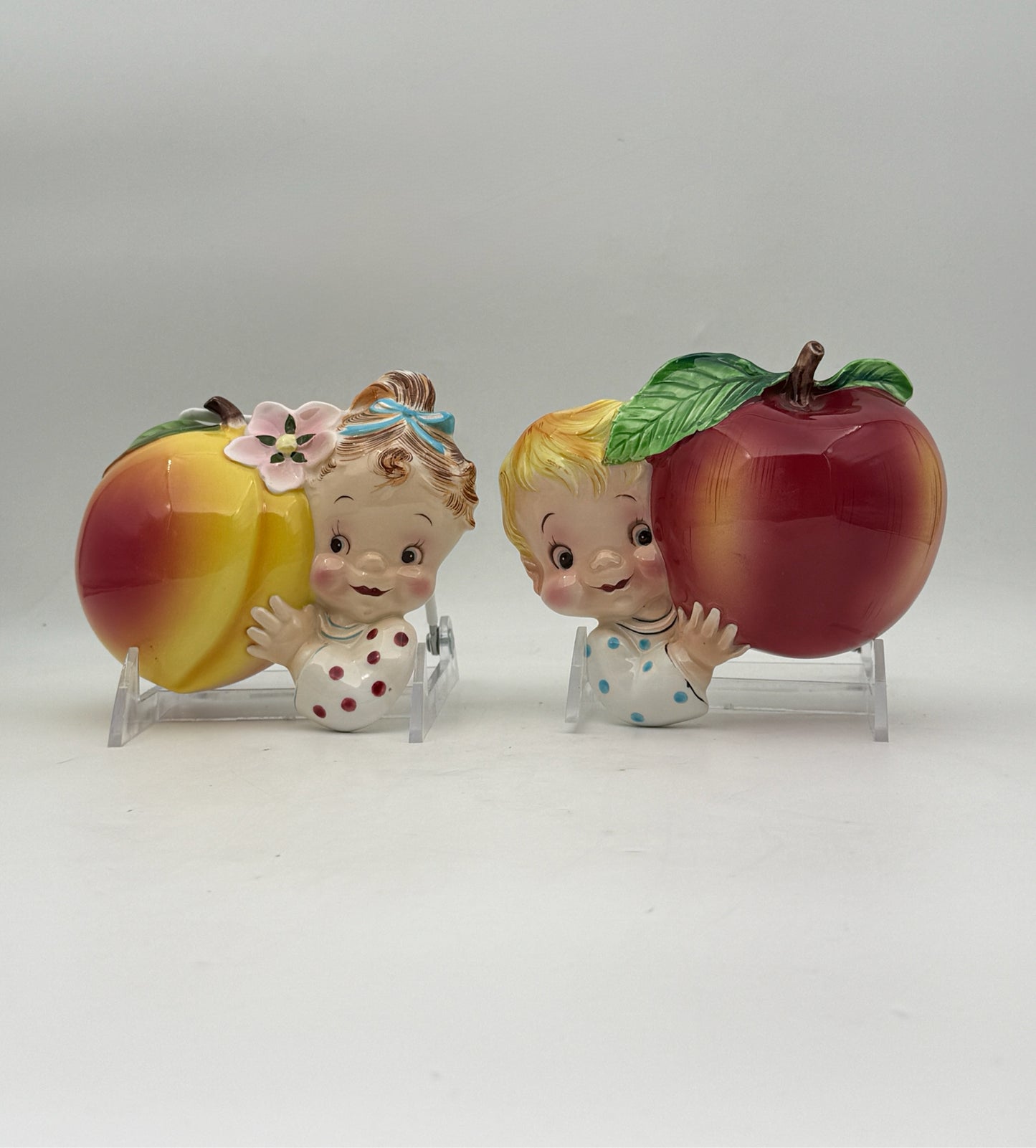 1950's Pottery Yoshida Boy And Girl Wall Pocket Set Of 2