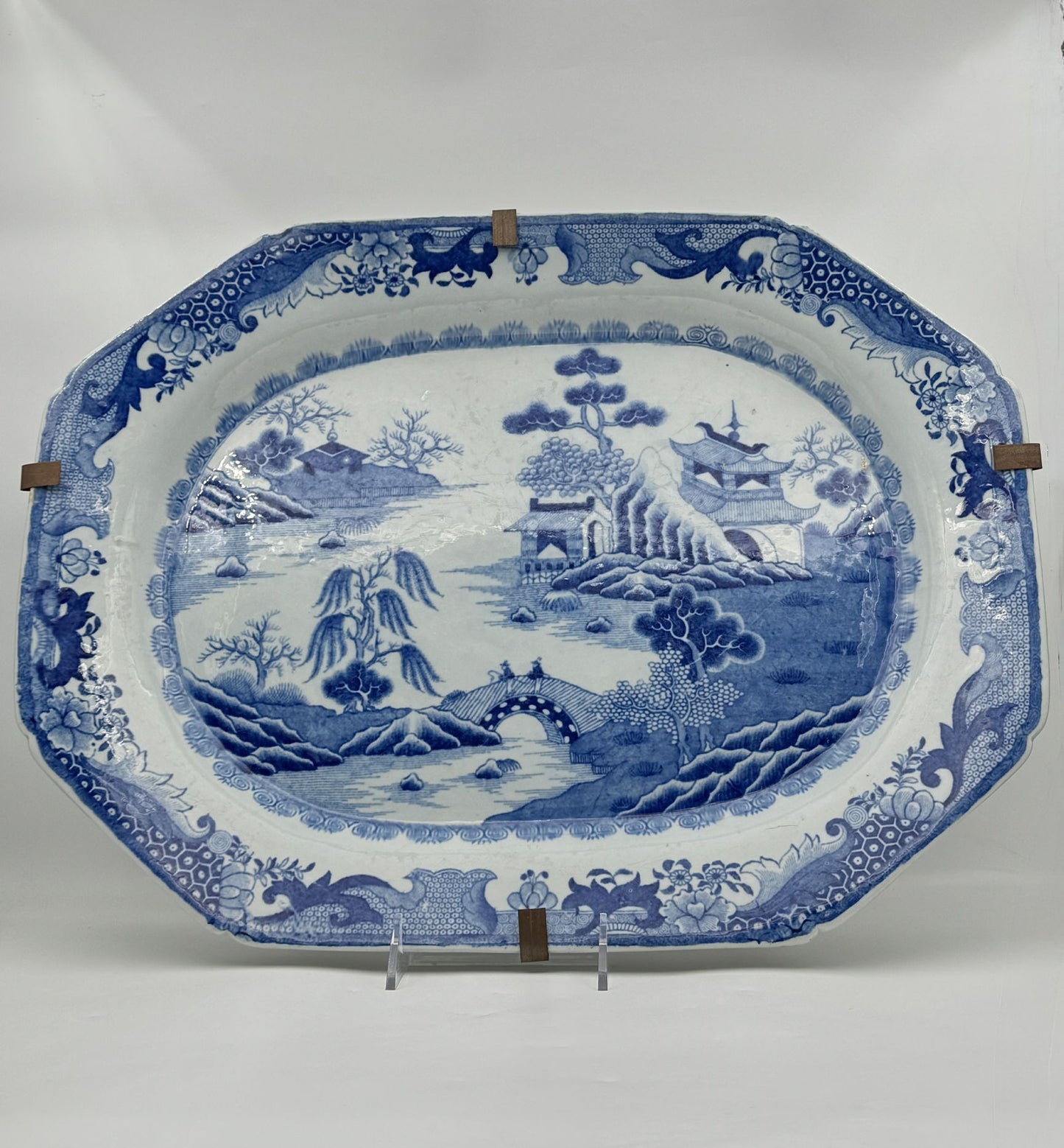 Antique Chinese Export Blue Willow Oval Platter Porcelain Art Decor
