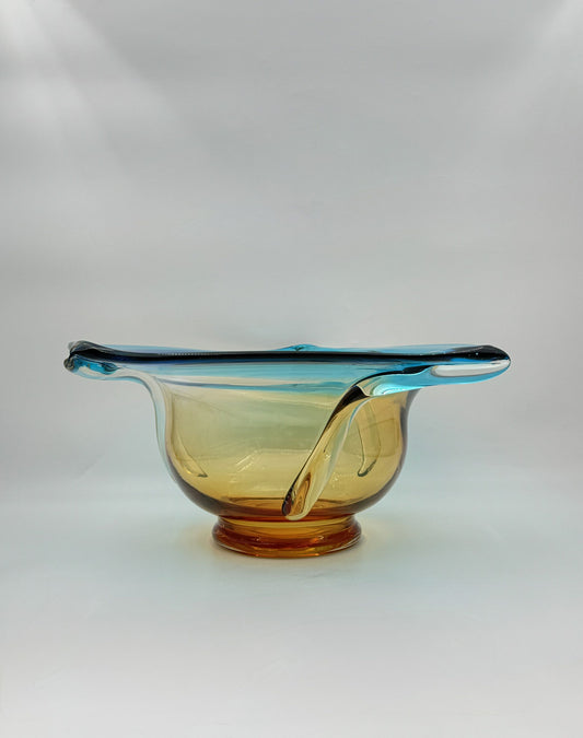 Art Glass Centerpiece Bowl with Amber Base and Turquoise Rim Design