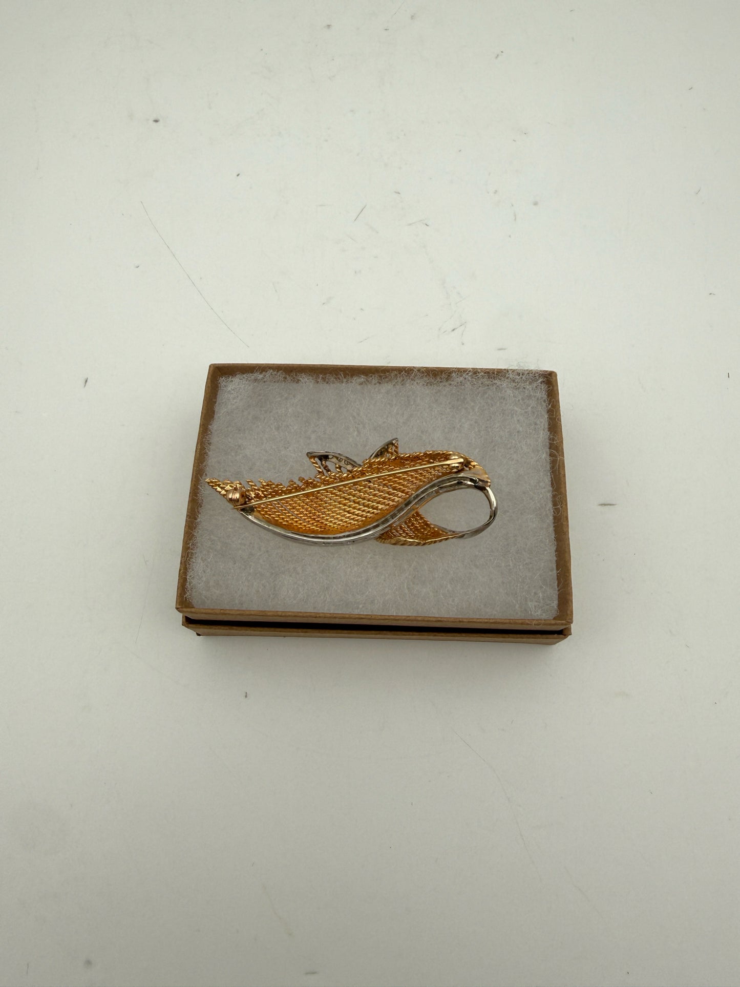Vintage Gold Tone Feather Brooch With Rhinestones