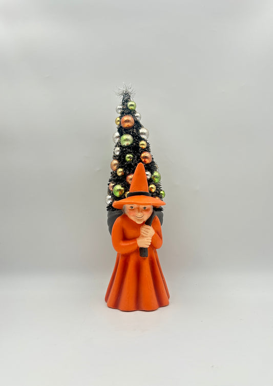 Bethany Lowe Witch Carrying Decorated Tree – Hand-Painted Paper Pulp