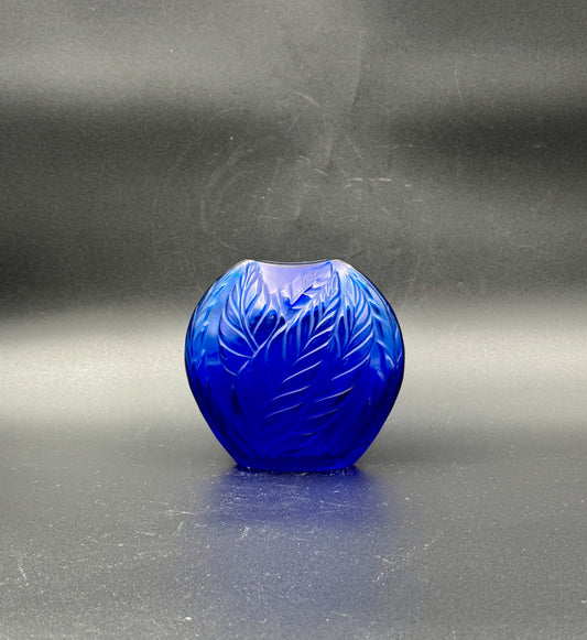Lalique “Feuilles” Vase – Cobalt Blue Frosted Crystal – 4.5" – France c. 1985
