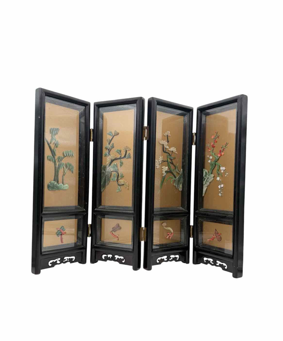 Asian Black Lacquer Hardstone Inlay Folding Table Screen 4 Panel Decor