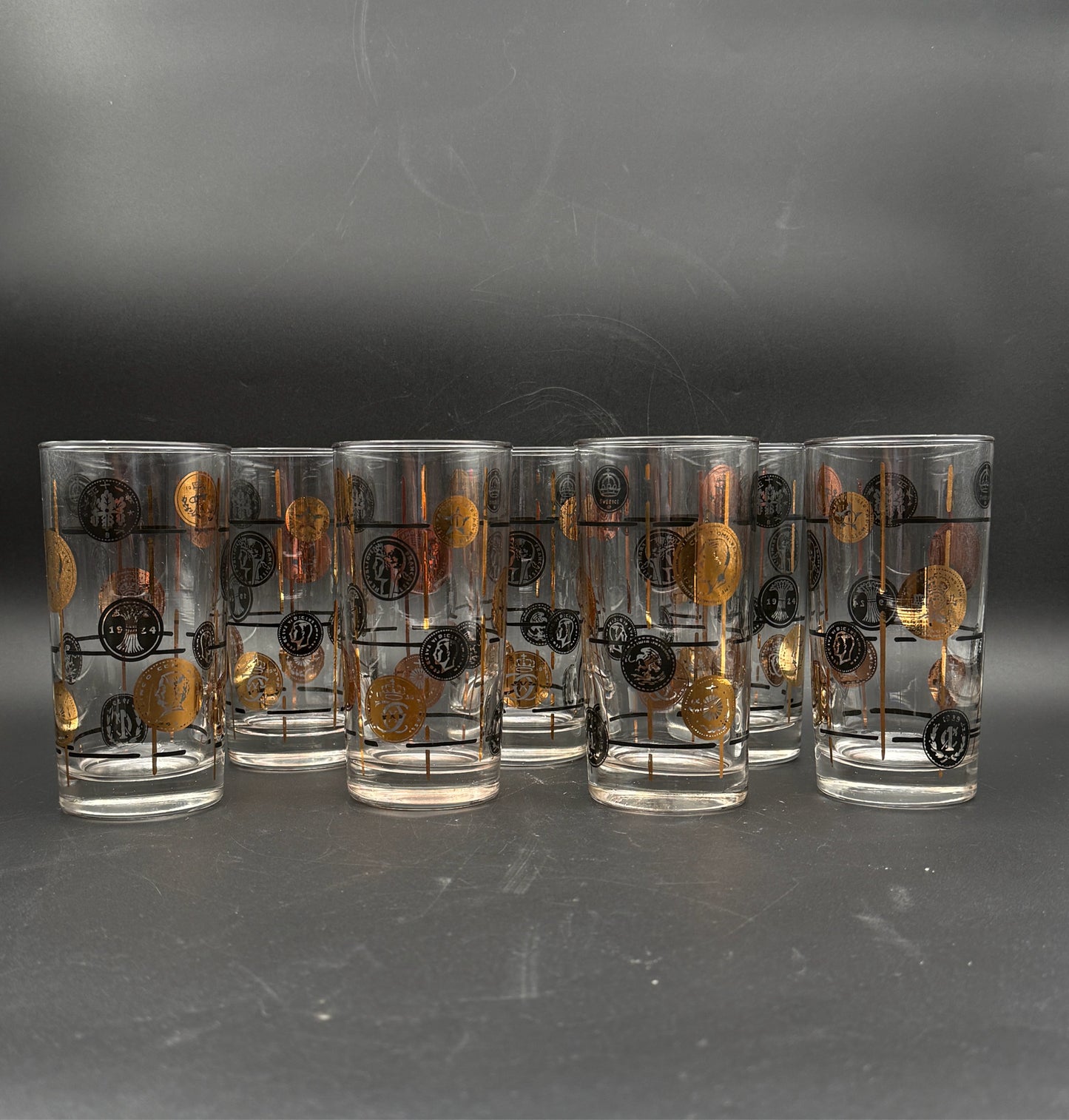 Mid Century Modern Libbey "Old Coin" Highball Glasses With Carrier