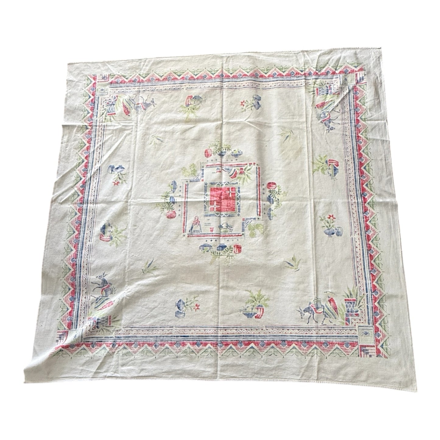 Vintage MCM Burros And Sombreros Tablecloth