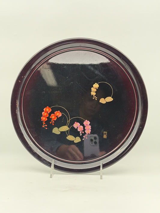 Japanese Black Lacquer Floral Serving Tray