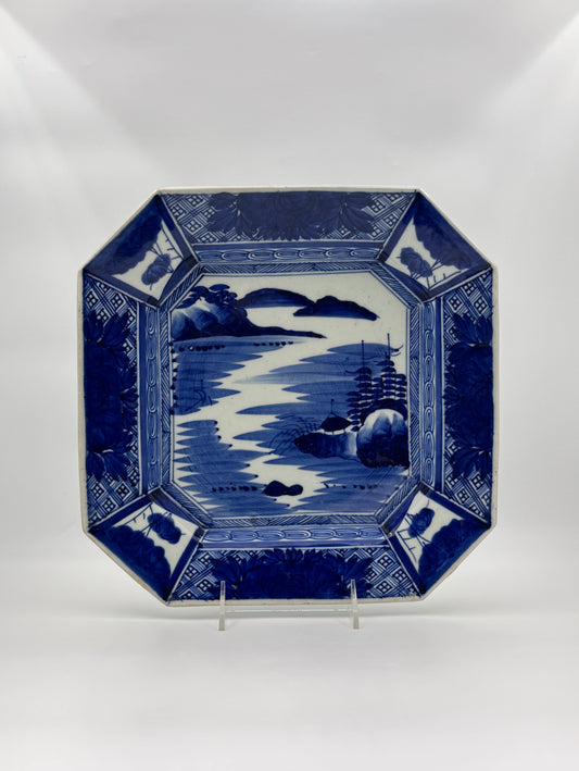 Chinese Blue & White Octagonal Porcelain Bowl – Harbor Scene