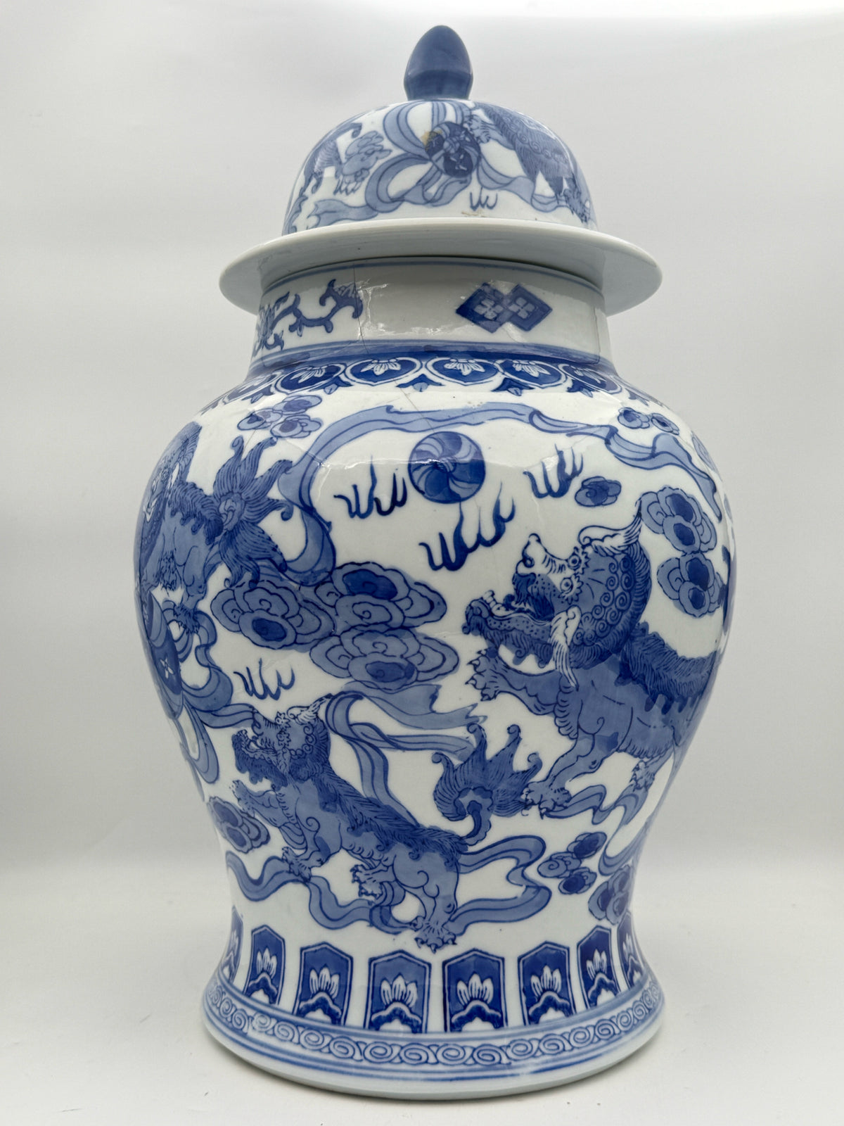 Large Blue And White Ginger Jar With Lions