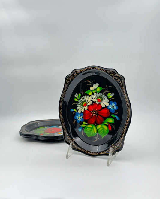 Set of 6 Zhostovo Tole Hand-Painted Floral Trays – Russia
