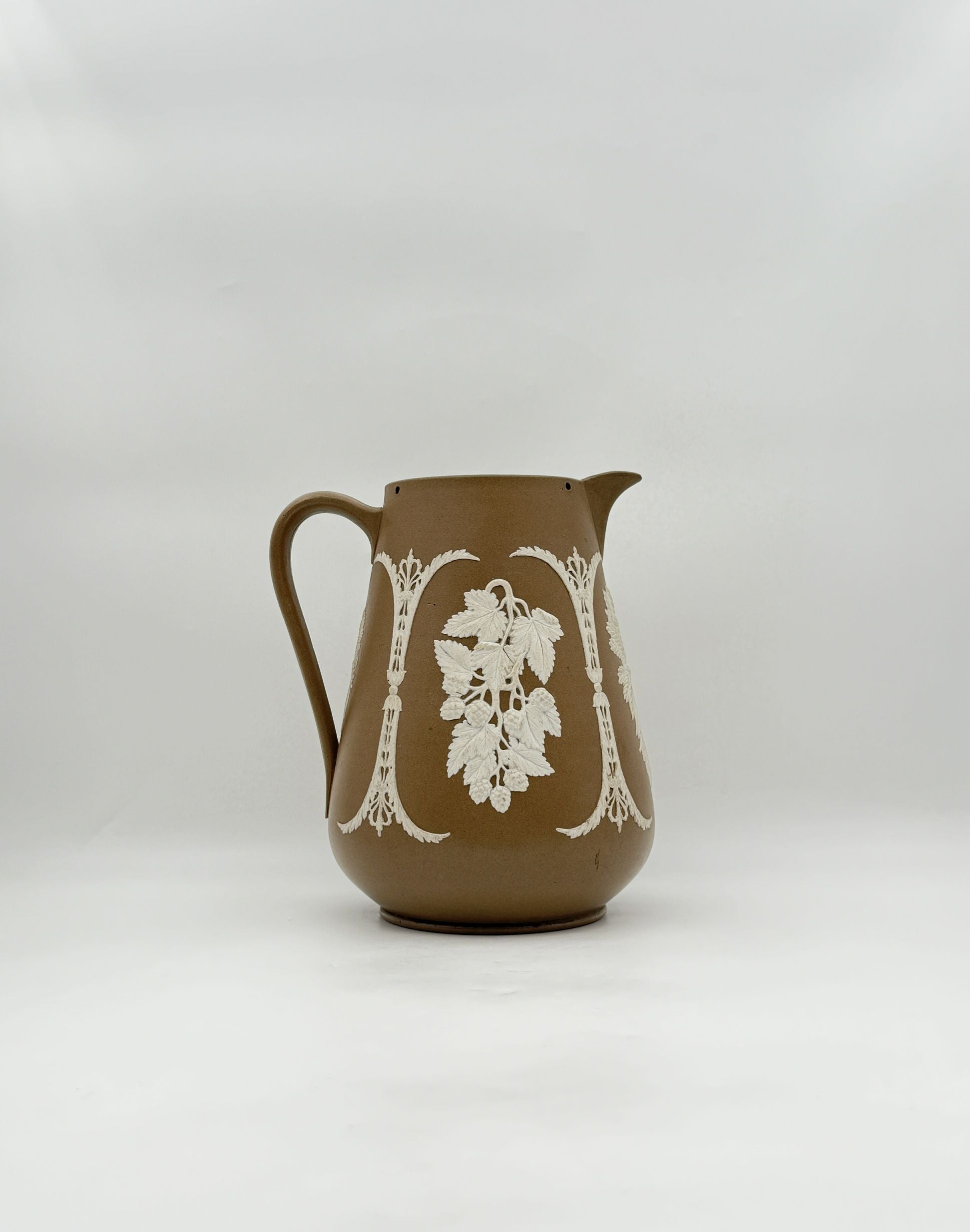 Continental Stoneware Tavern Jug Circa 1900 Brown Relief Decor Vintage