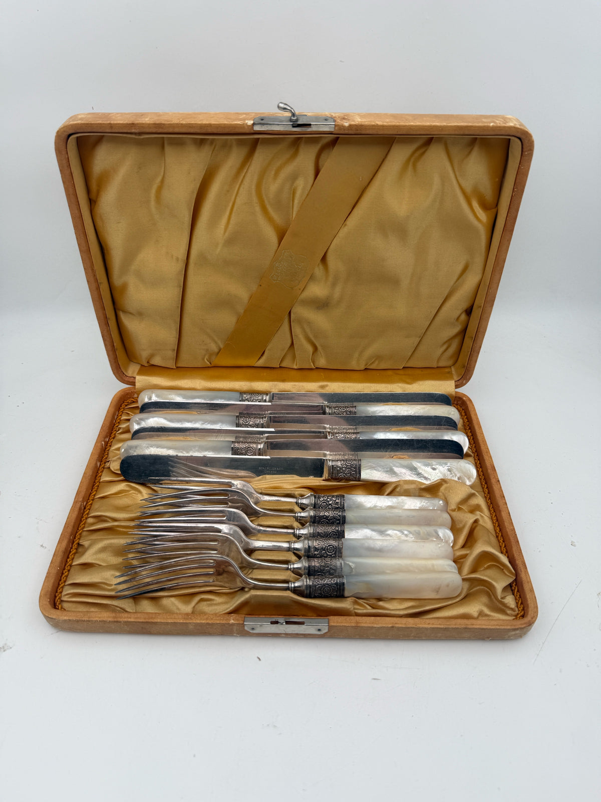 Boxed Mother Of Pearl Handled And Sterling Silver Fork And Knife Set