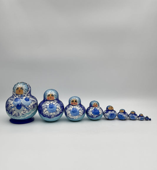 Russian Nesting Dolls – Set of 10 Hand-Painted Blue Matryoshka