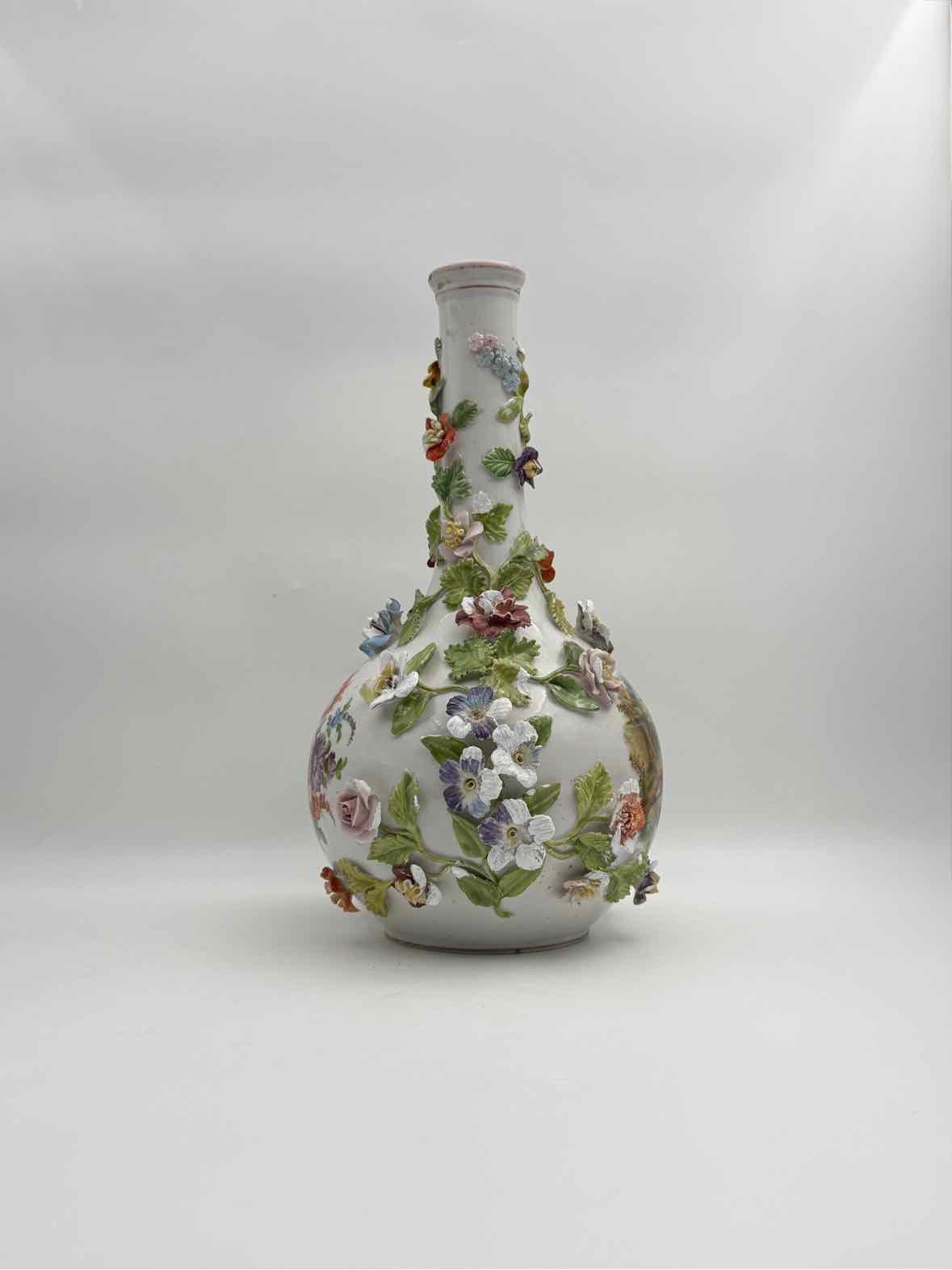 Antique 19th Century Meissen Inspired Floral Encrusted Handpainted Vases