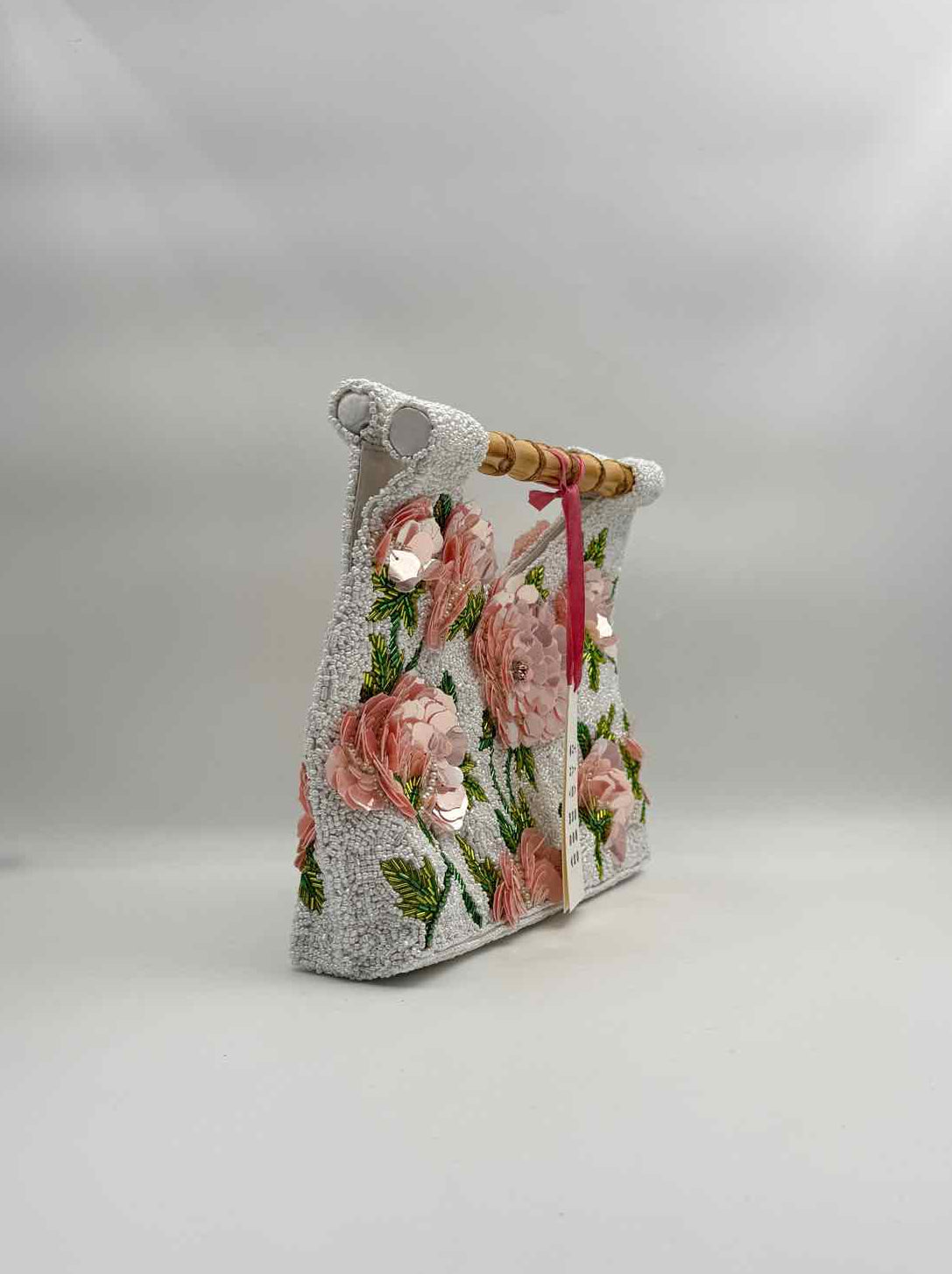 Hand Beaded Pink Floral Purse Handbag Bamboo Handle Evening Bag 