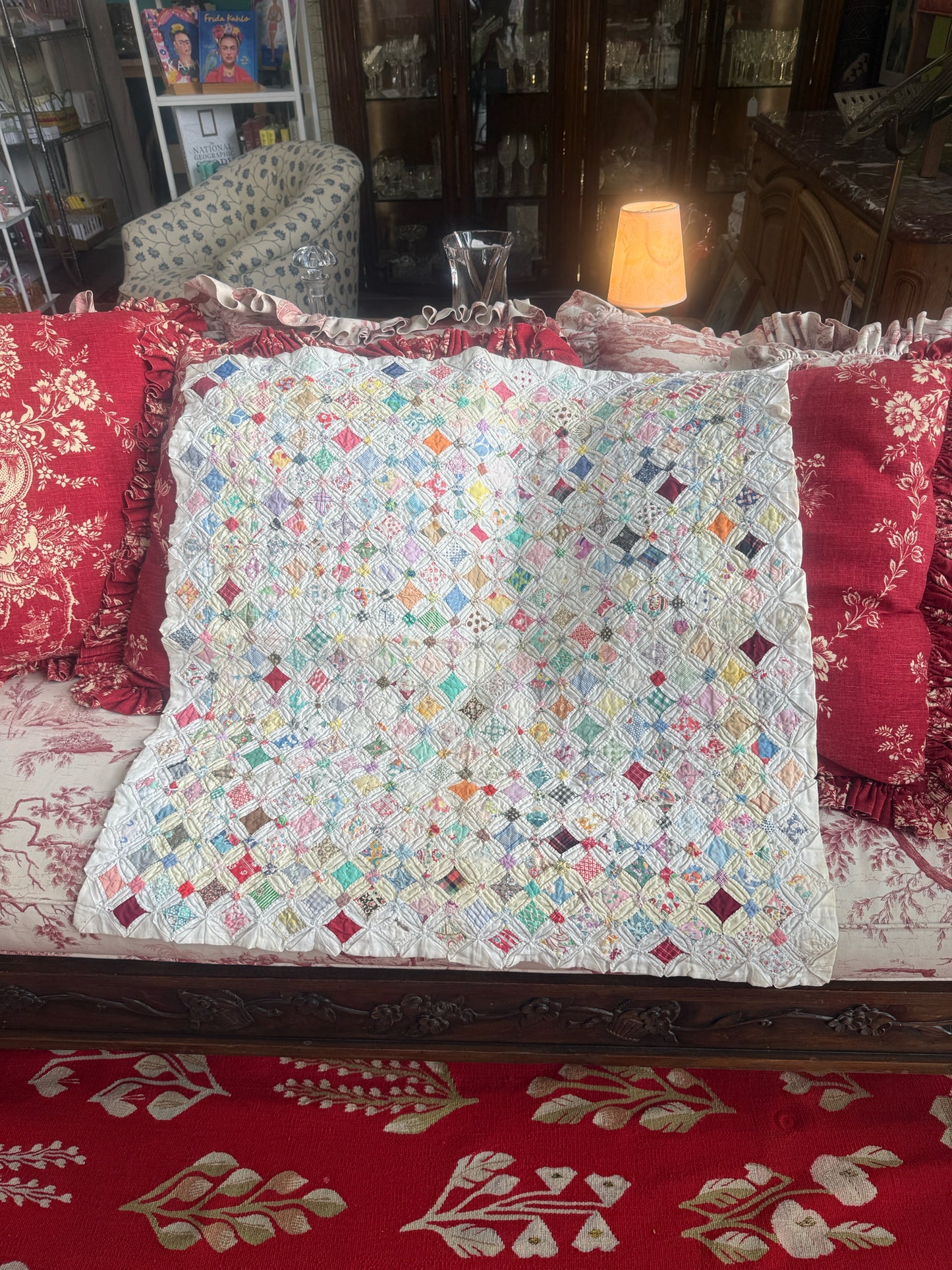 Vintage "Cathedral Window" Hand Stiched Quilt