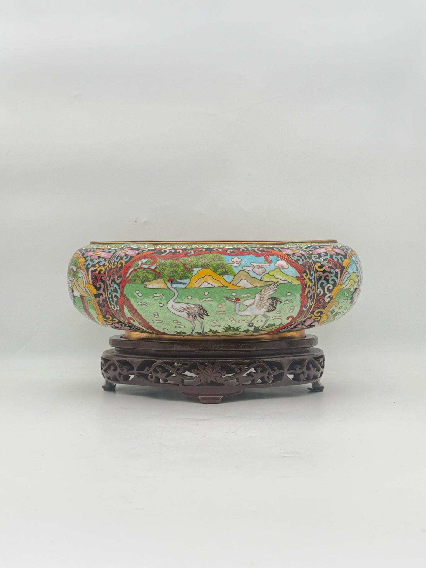 Cloisonne Crane Landscape Bowl On Stand