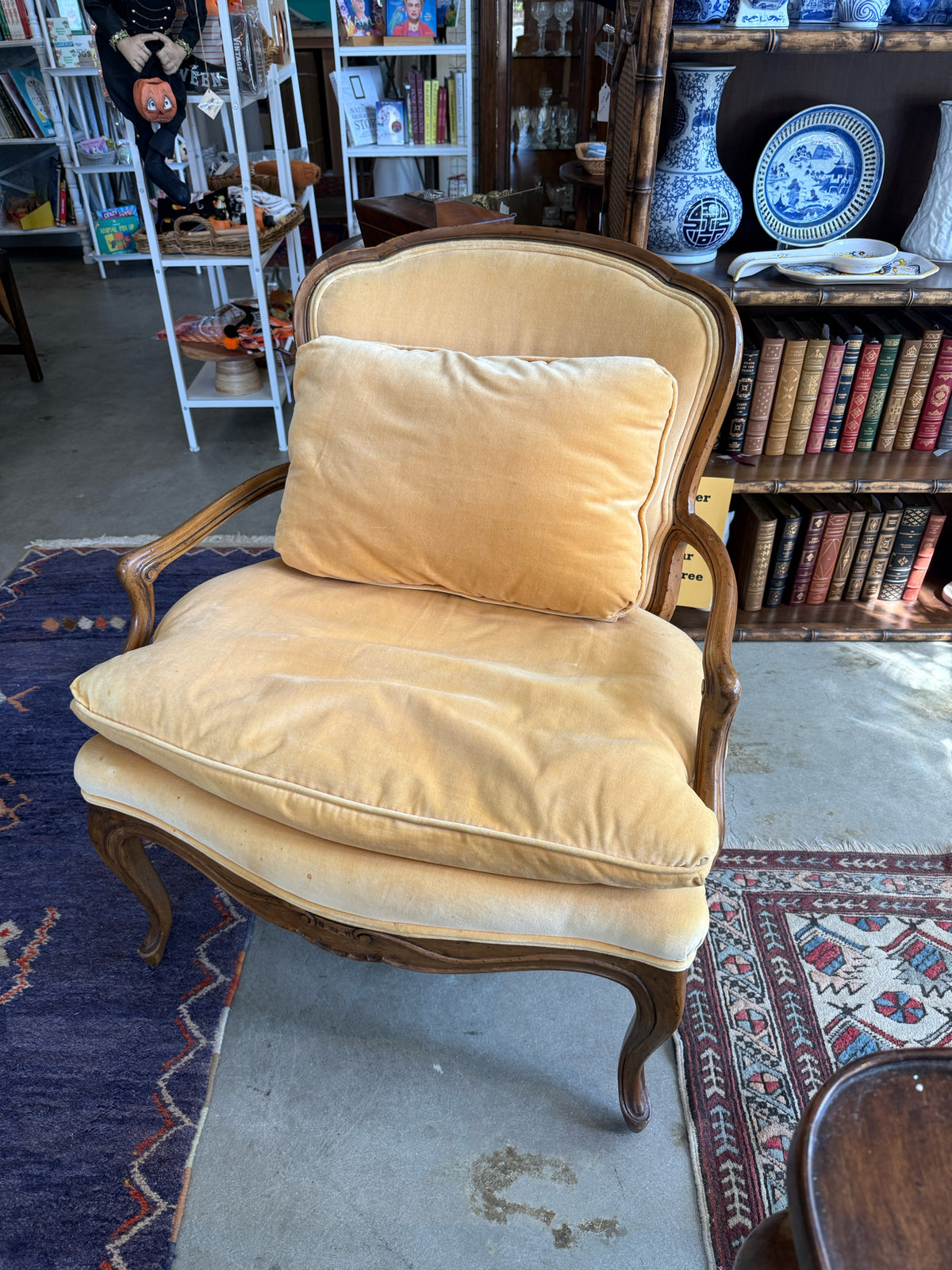 French Style Bergere Chair- Gold Velvet Down Filled Cushions- In Store Pickup Only