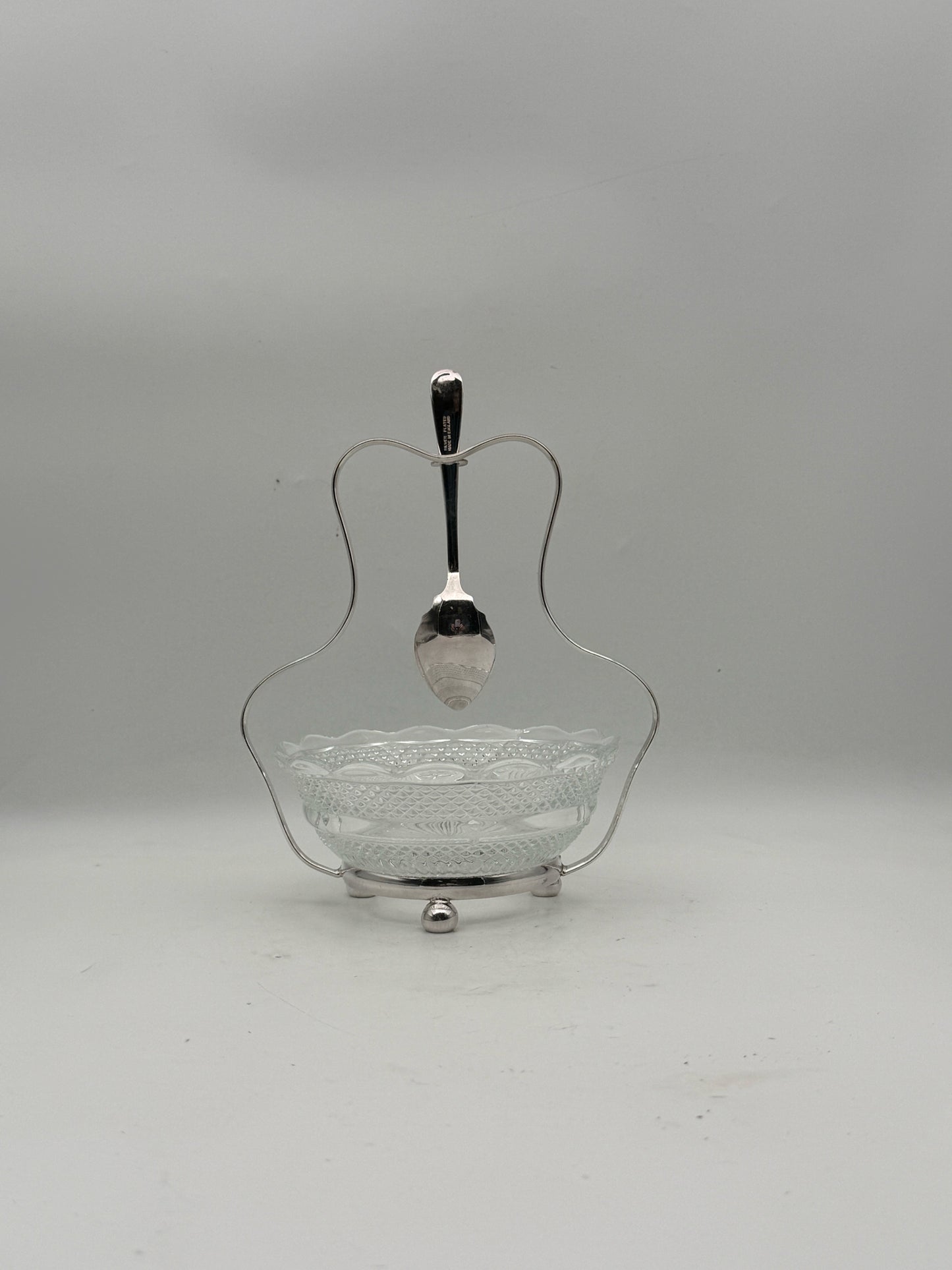 Silverplate And Crystal Condiment Server With Spoon