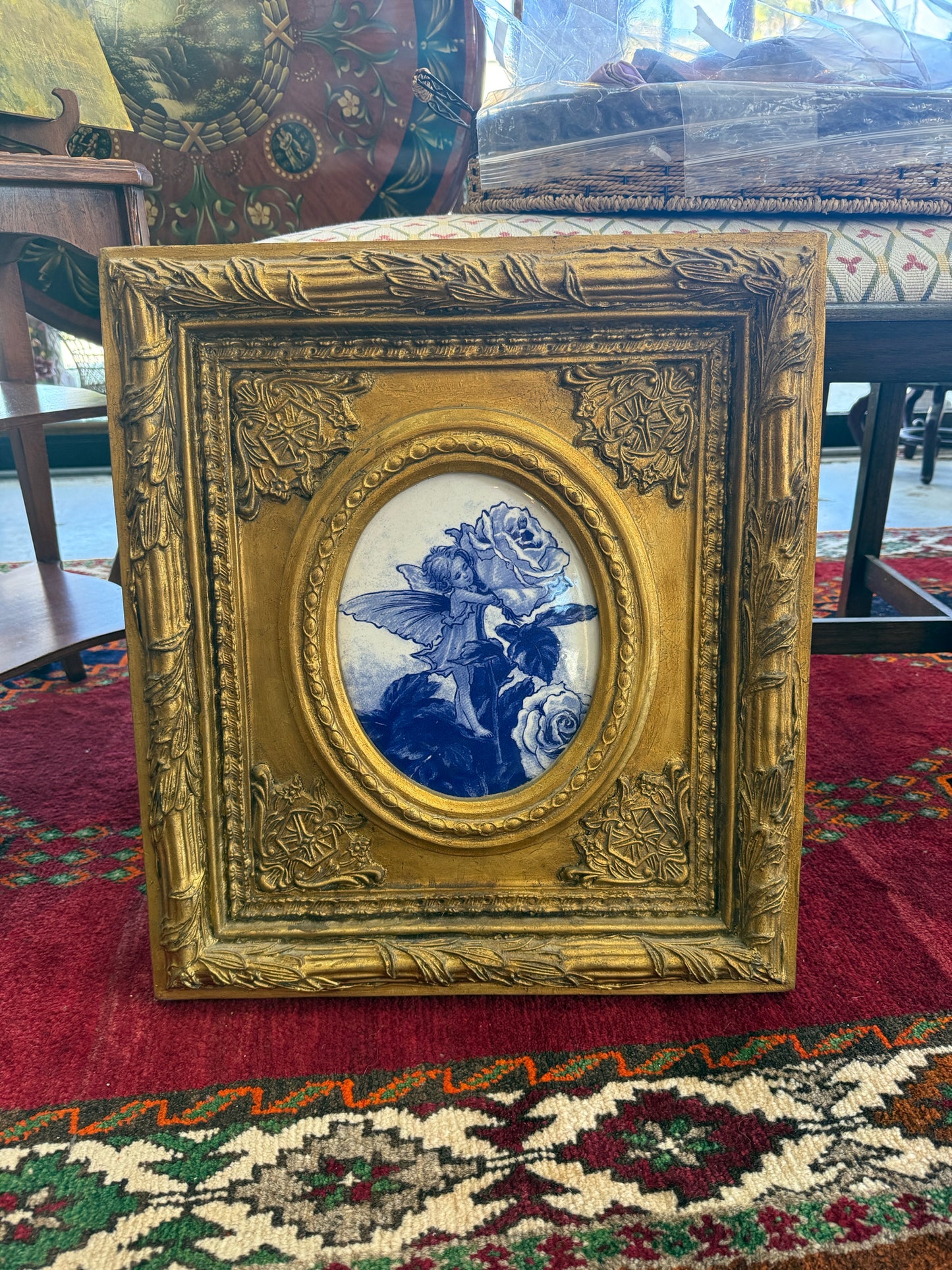 Victorian Framed Blue And White "The Rose Fairy" Tile