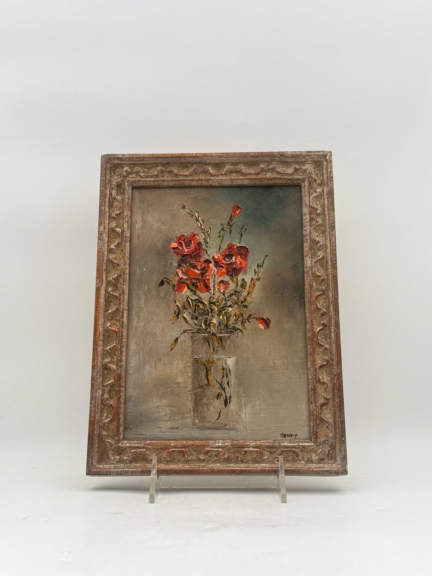 Framed Miniature Still Life Painting Of Roses In Vase