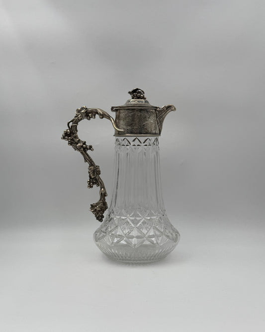Antique Silverplate-Mounted Cut Glass Carafe with Ornate Grape Motif Handle