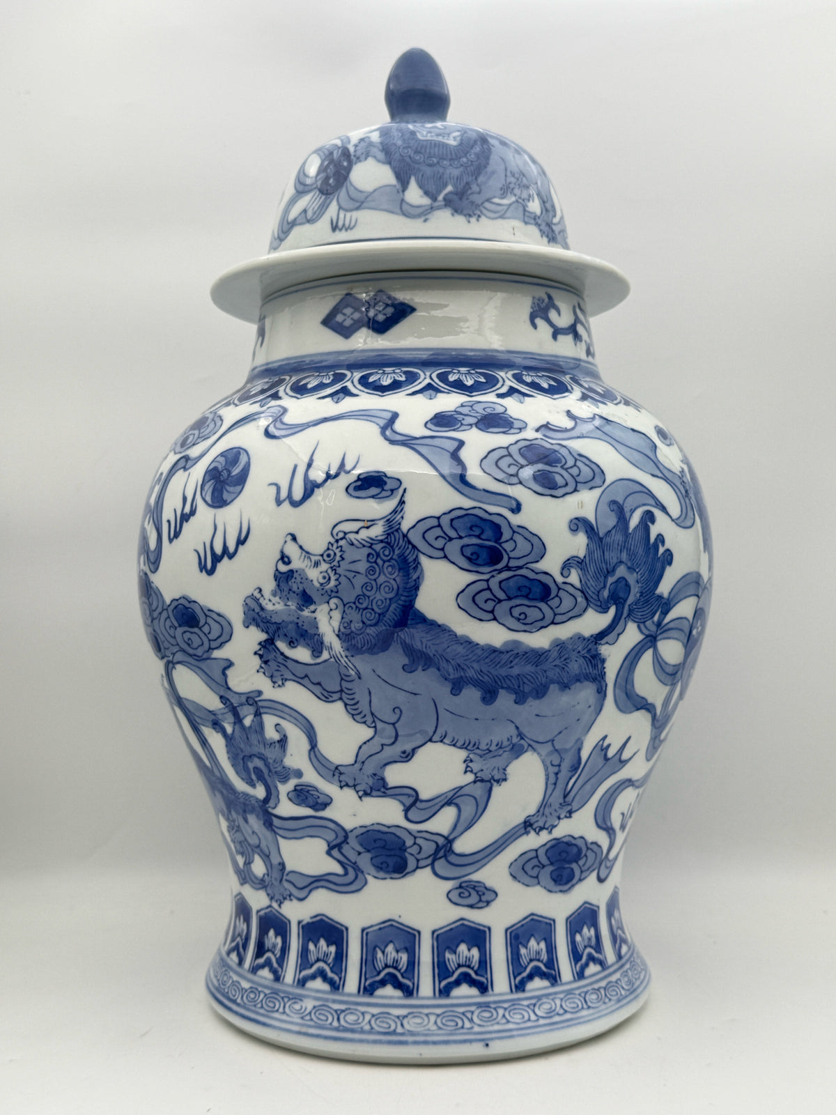 Large Blue And White Ginger Jar With Lions