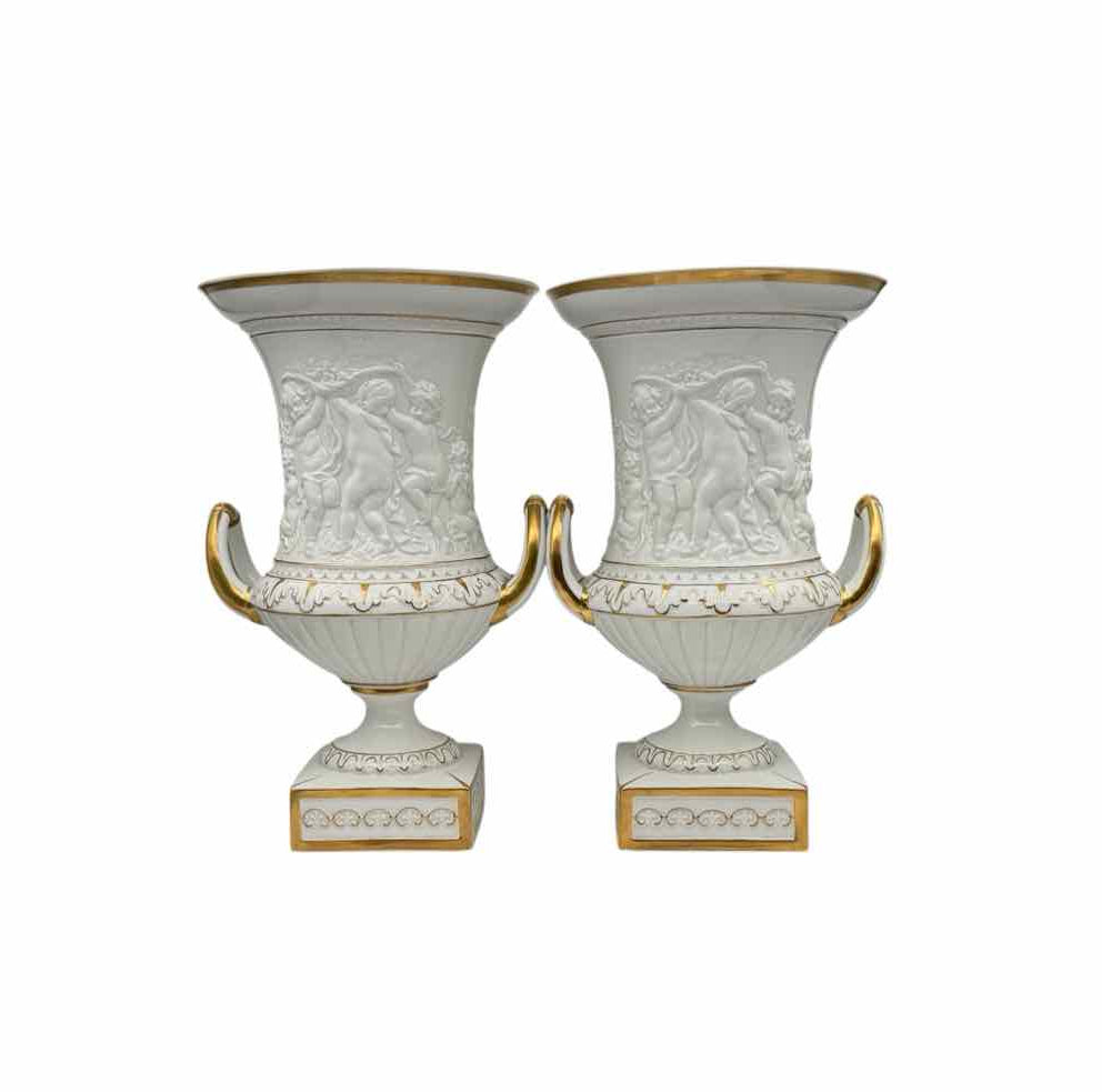 1950s Schierholz Porcelain Cupid Angel Urns White Gold Pair Figurines