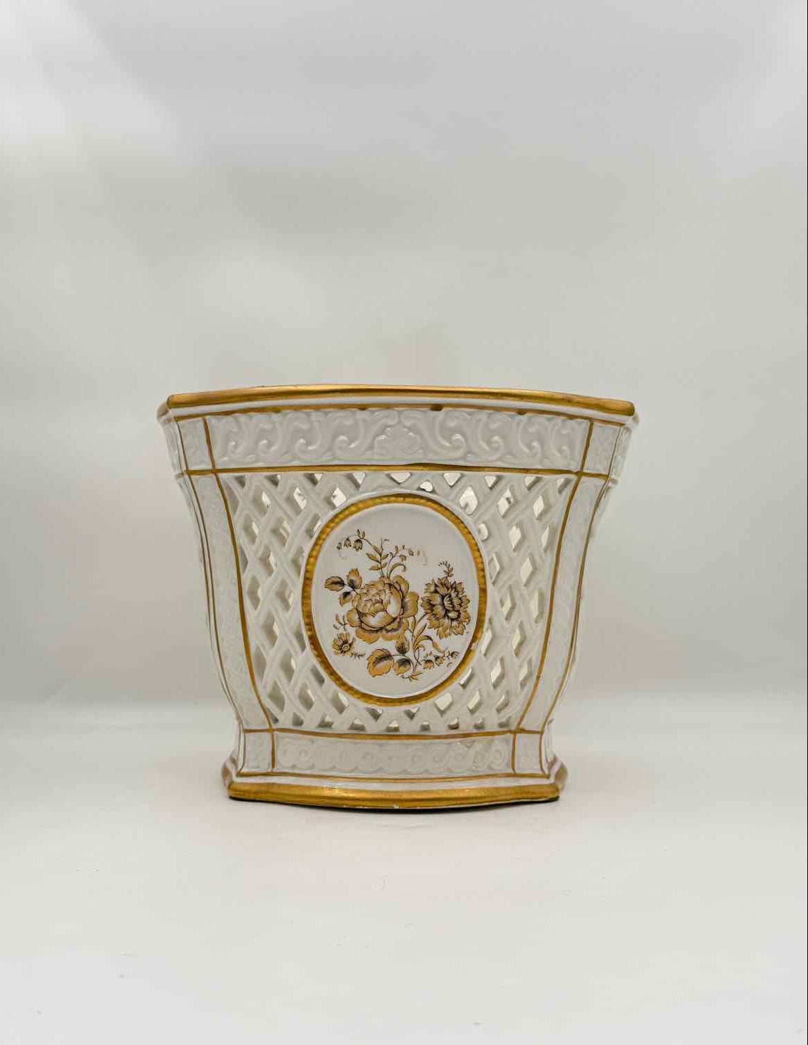 Vintage Italian White Gold Pierced Porcelain Cachepot Planter Decor