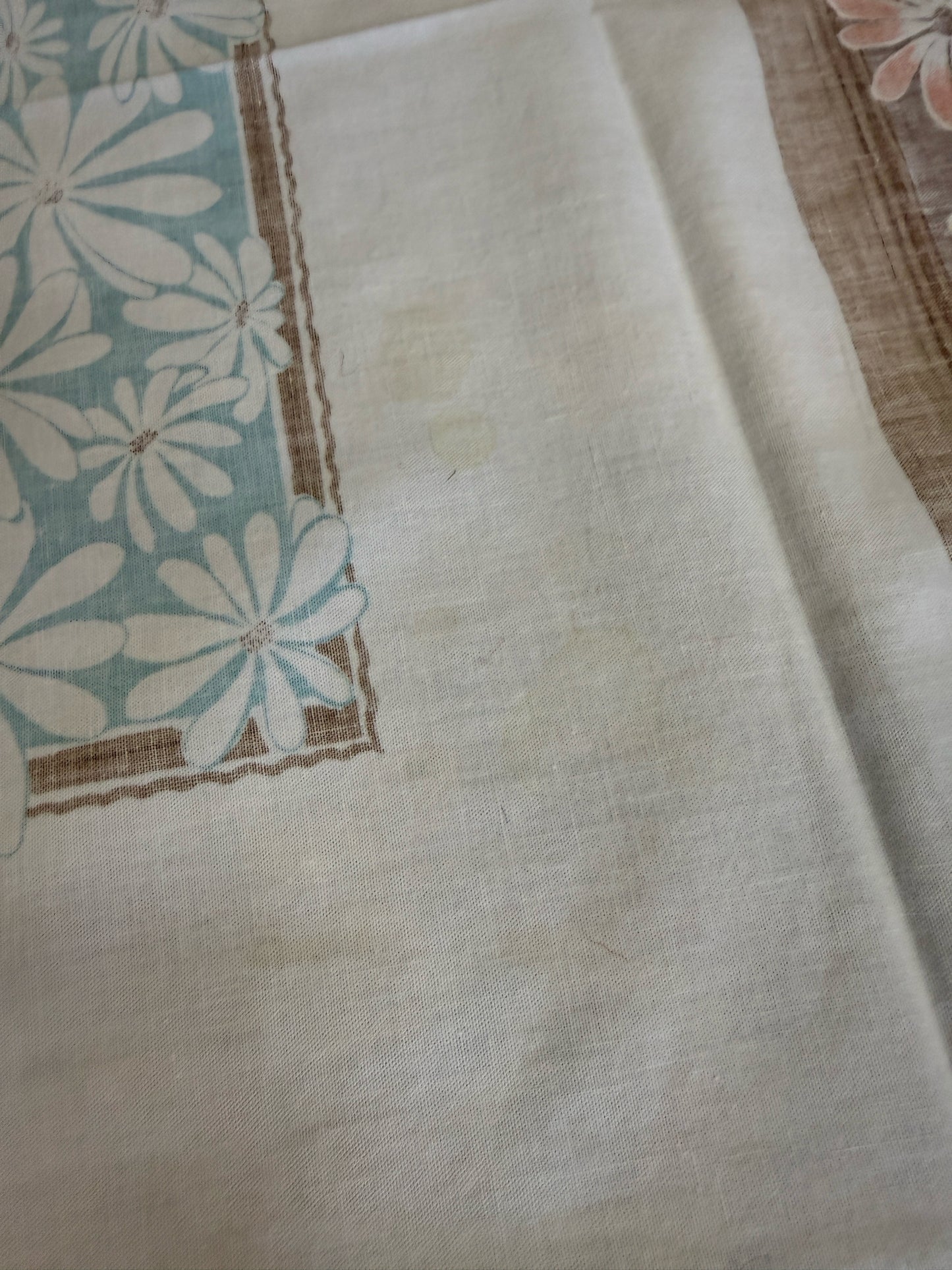 Mid Century Blue And Brown Daisy Border Tablecloth