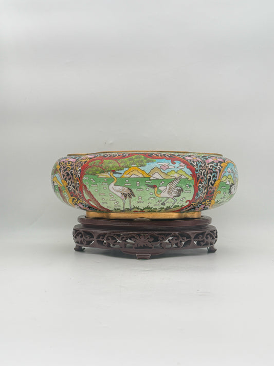 Cloisonne Crane Landscape Bowl On Stand