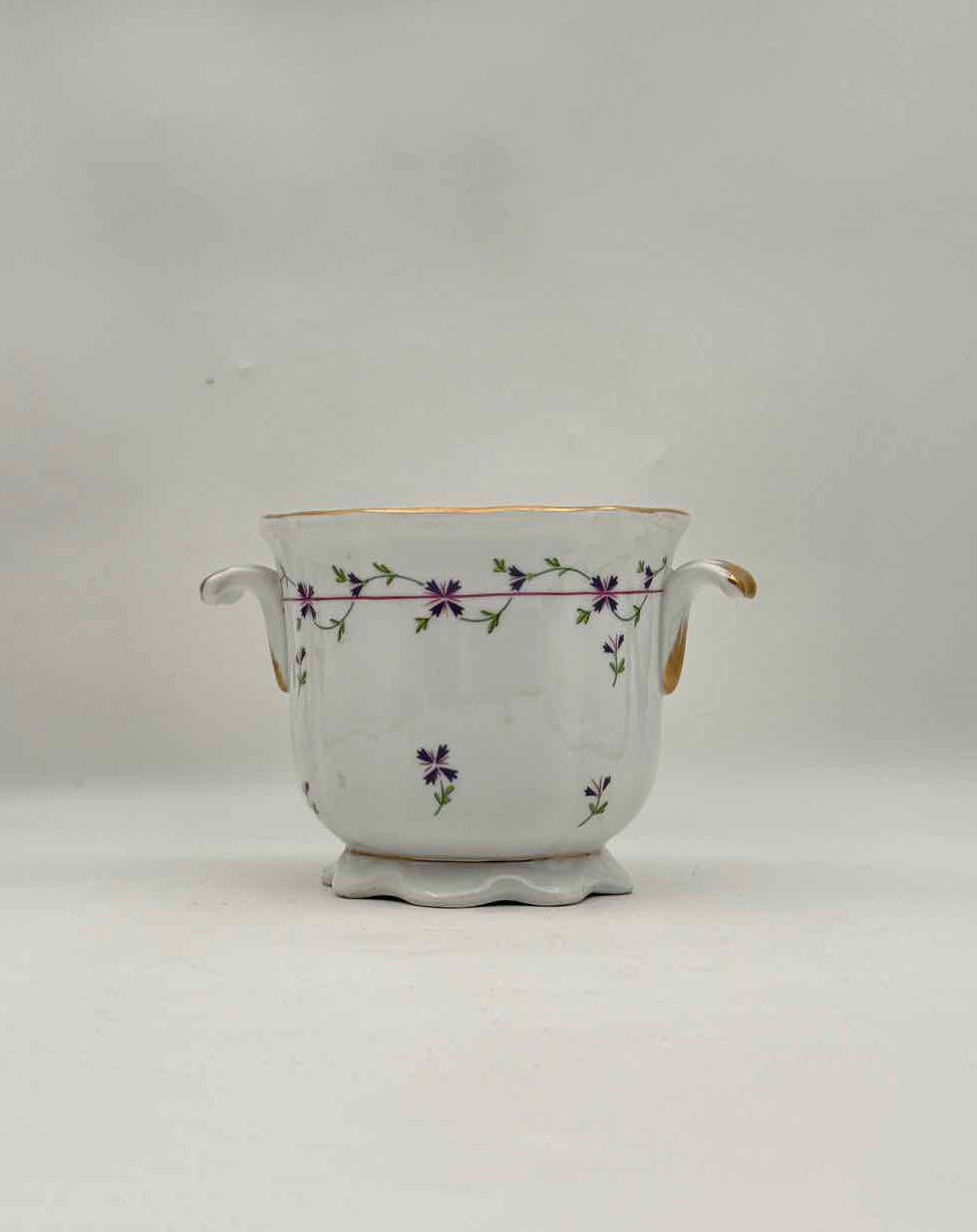White Porcelain Cachepot Purple Floral Gold Handles Planter Decor Arts