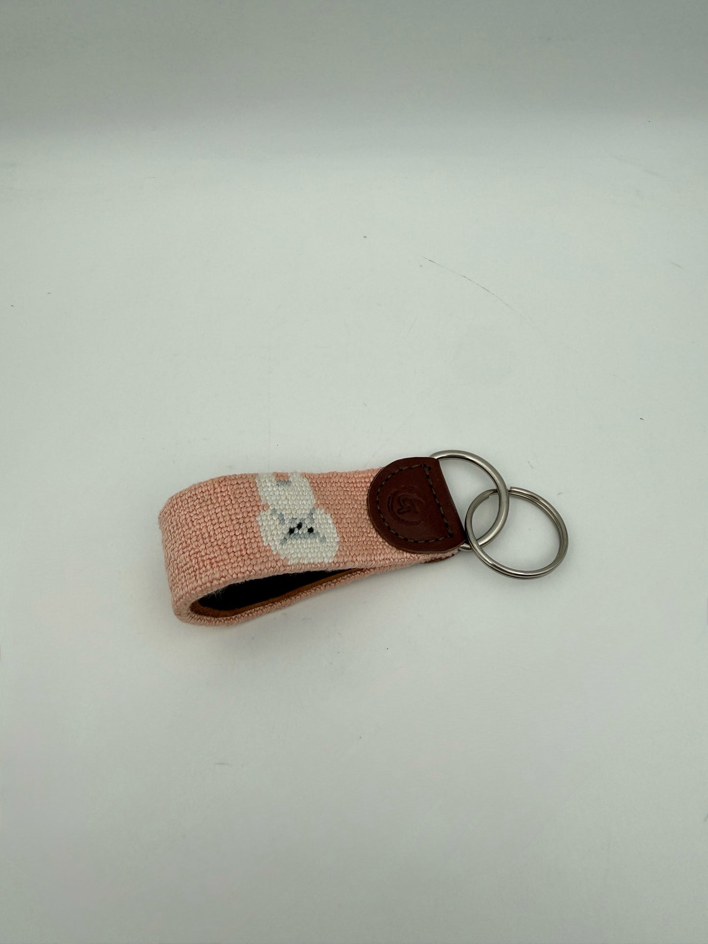Needlepoint Keychain- Pink With White Dog