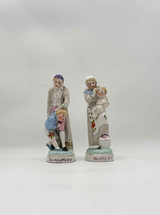 Antique Elbogen Bisque Figurines Naughty Boy Dirty Girl Pair Decor Art