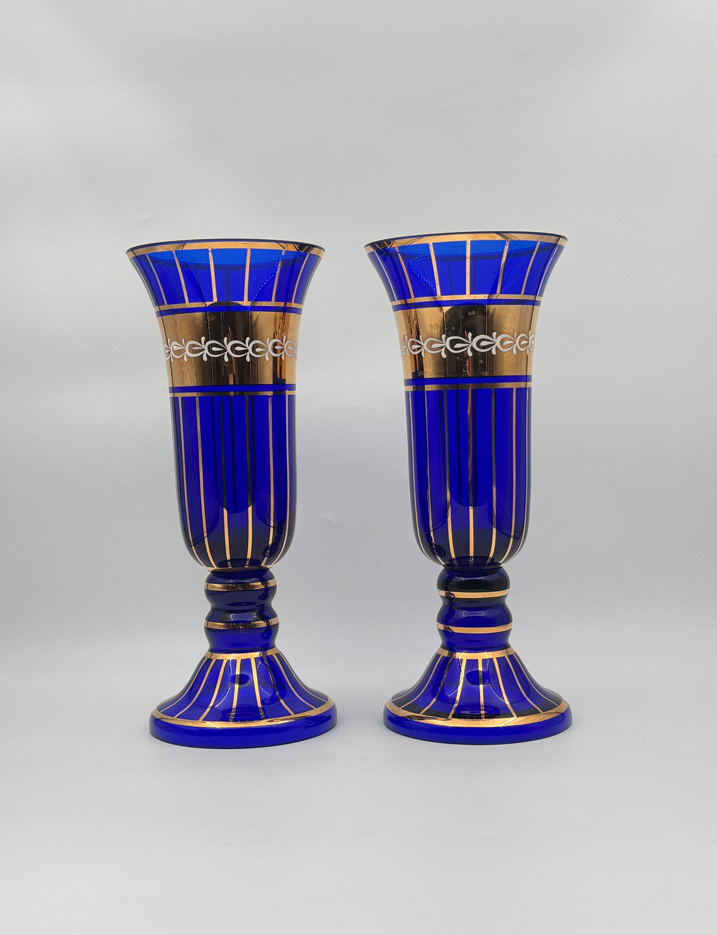Pair of Bohemian Czech Glass Vases – Cobalt Blue with Gold & White Trim