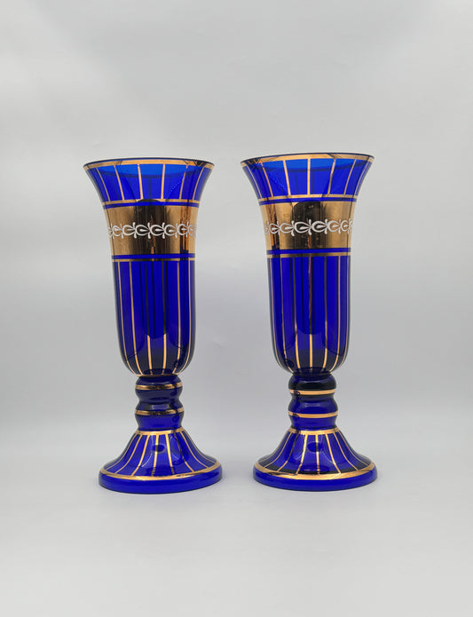 Pair of Bohemian Czech Glass Vases – Cobalt Blue with Gold & White Trim
