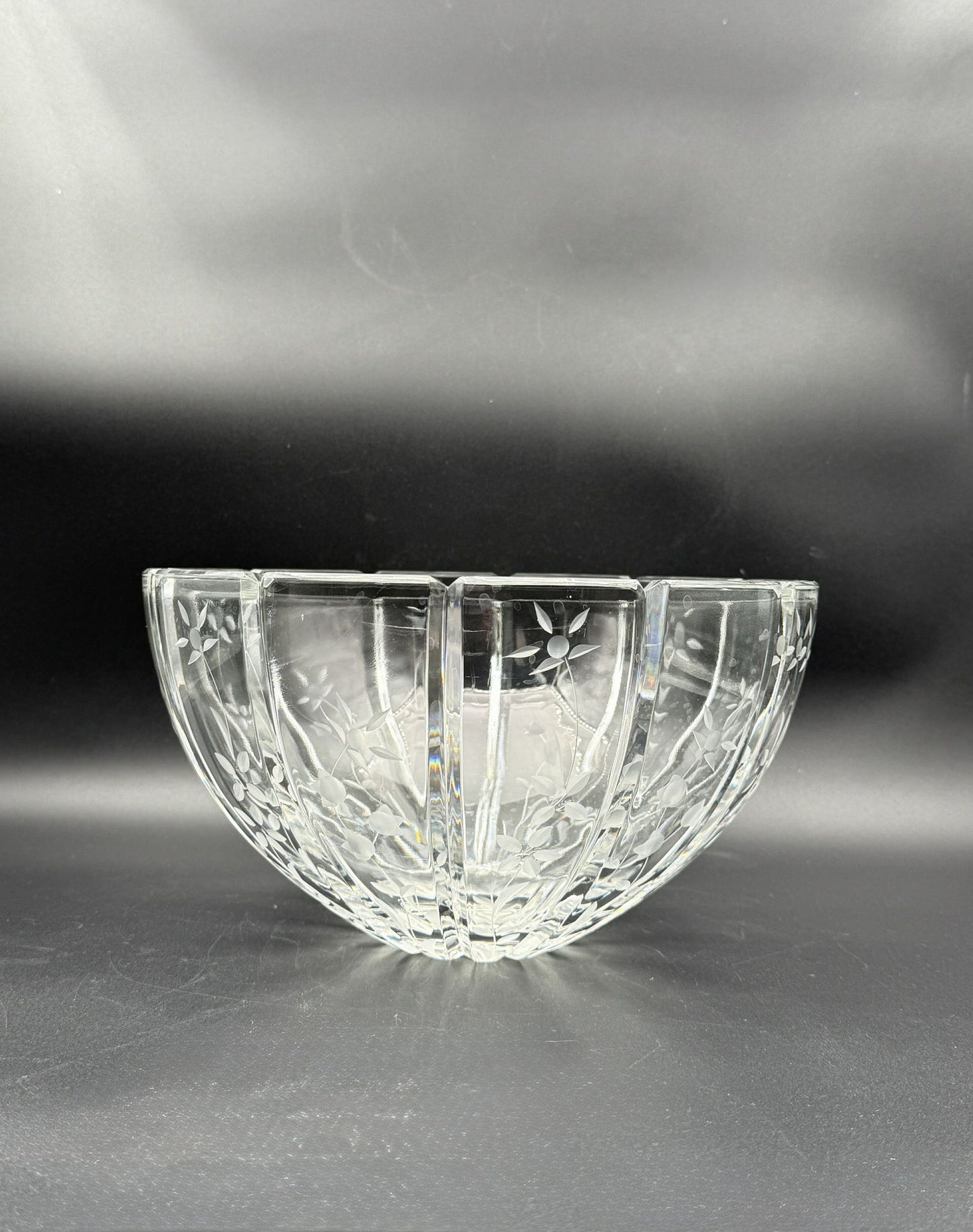 Rogaska “Galia” Cut Crystal Bowl – Floral Etched Ribbed Design