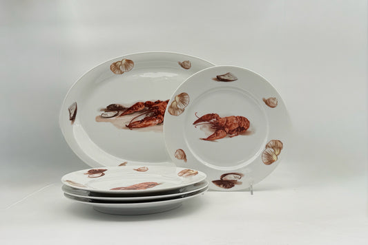 Vintage Lobster Set Of 4 Dinner Plates And One Serving Platter