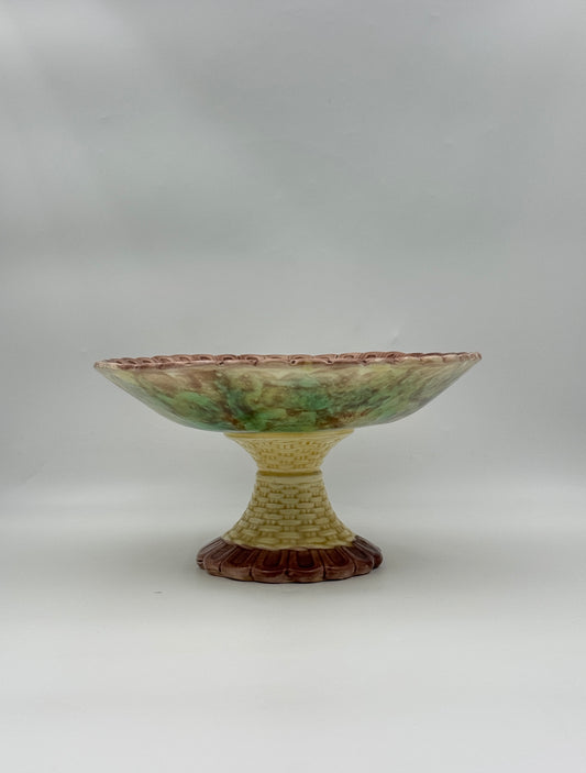 Majolica Pedestal Compote – Brown & Cream Base with Green Leaf Center