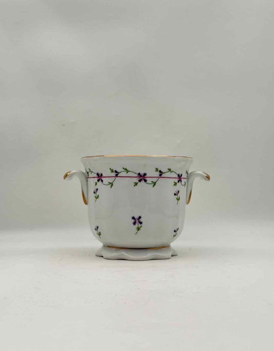White Porcelain Cachepot Purple Floral Gold Handles Planter Decor Arts