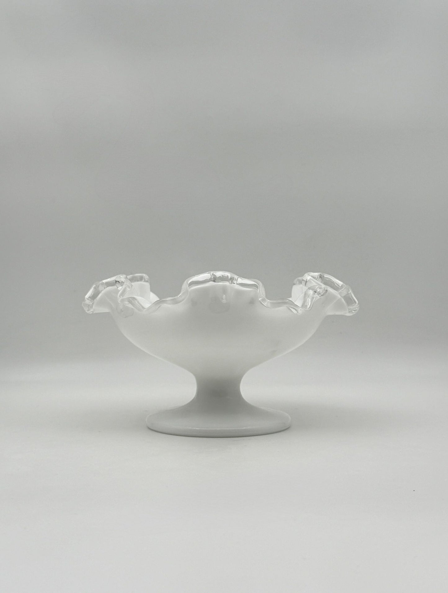 White Milk Glass Pedestal Bowl with Clear Ruffled Edge Footed Compote