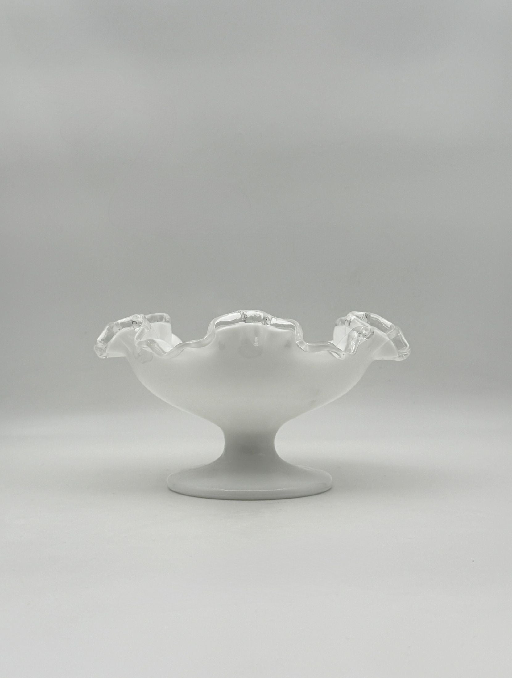 White Milk Glass Pedestal Bowl with Clear Ruffled Edge Footed Compote