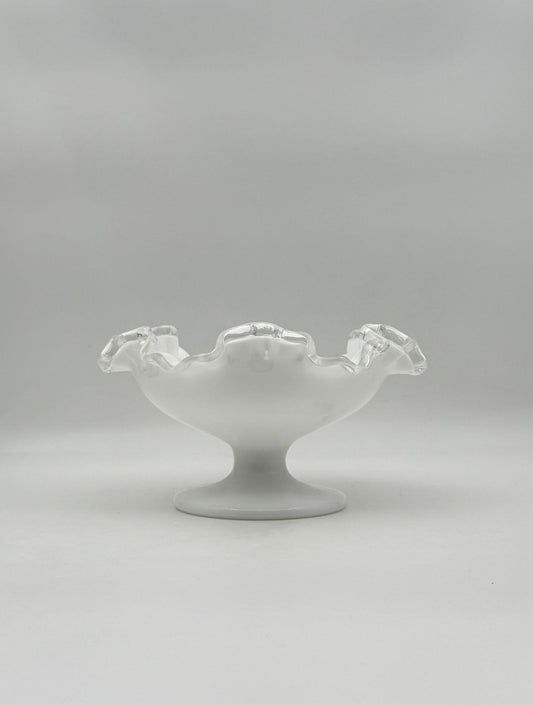 White Milk Glass Pedestal Bowl with Clear Ruffled Edge Footed Compote