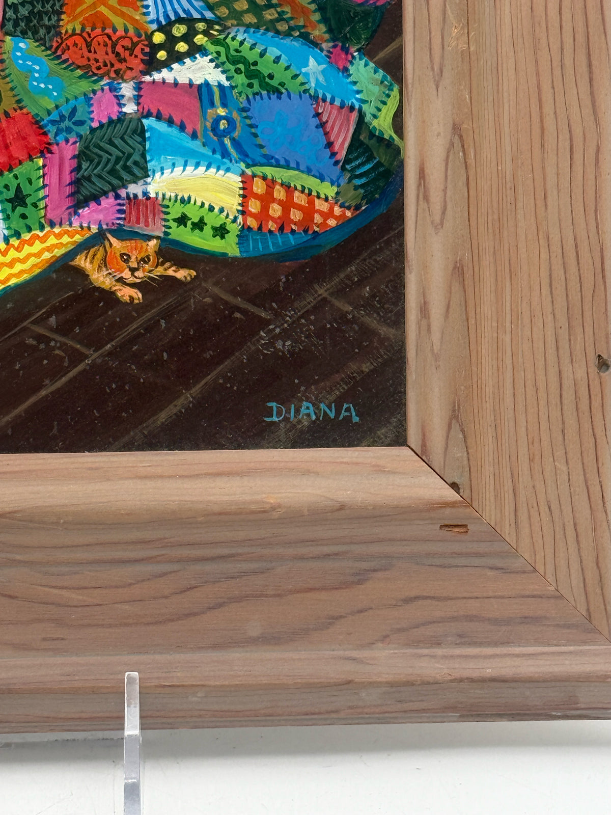 Framed Acrylic Painting Of A Grandma, Quilt, And Cat