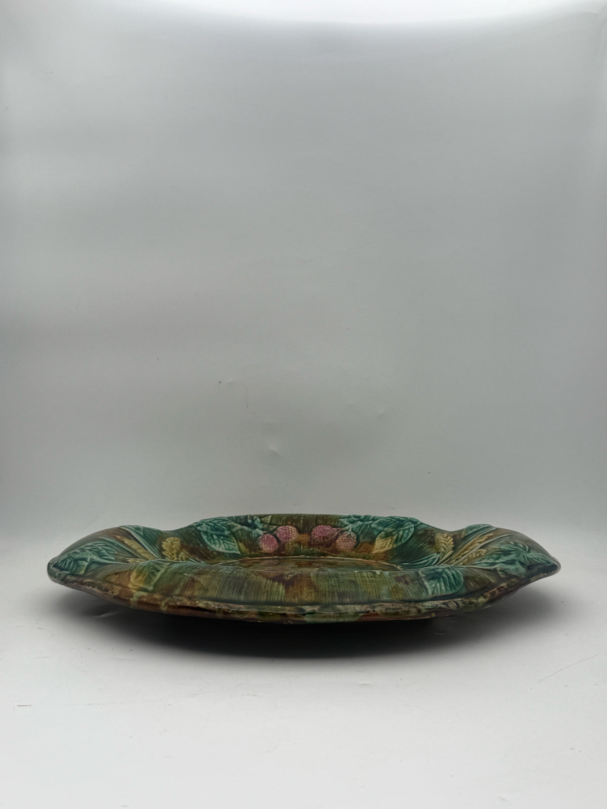 Antique Majolica Green With Berries Flat Serving Platter